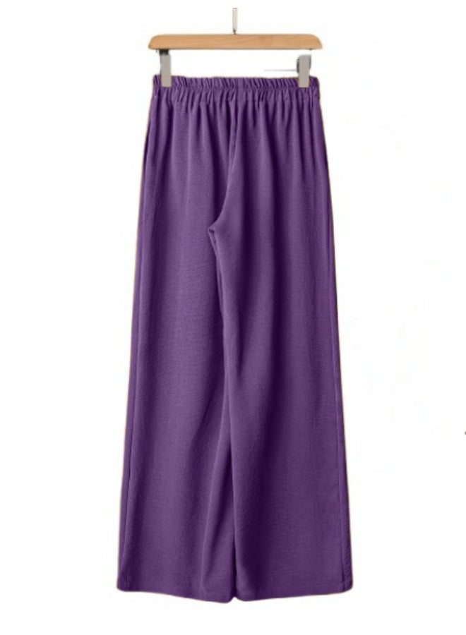 بنطلون نسائي واسع الساقين، بخصر مطاطي ورباط، مقاس حر، مناسب للارتداء اليومي. - Image 2